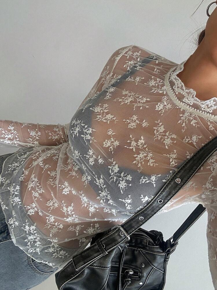 Women's Floral Mesh Stand Collar Long Sleeve Fashion Top,Going Out Tops For Women