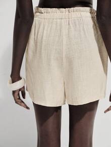 SHEIN Holidaya Linen Straight Leg Shorts With Slant Pockets, Waist Decor Tassel & Beaded Belt Shorts For Women Summer Shorts For Women Holiday Linen Shorts For Women - Apricot - View 2