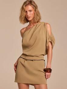 COSMINA Vestido mini elegante de mujer con hombros asimétricos y cintura ceñida, versátil para ir al trabajo, la oficina, citas, bodas, primavera - Marrón - Ver 7