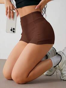 SHEIN PETITE 女士休闲纯色简约手机口袋短裤 - 棕色 - 查看 3