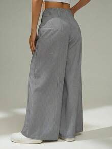 SHEIN PETITE 女士优雅休闲简约通勤办公日常度假高腰阔腿直筒蓝白条纹裤 - 黑與白 - 查看 2