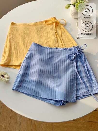 Comfortcana 2026夏季新款女士100%纯棉黄色裤裙套装，包含黄色裤裙和蓝色条纹裤裙，多件套设计，适合女士度假、情人节、狂欢节、海滩、假日、居家休闲、街头、校园、时尚穿搭、通勤、商务等场合。