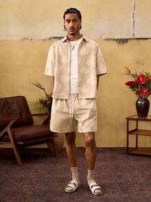 ROMWE MEN Casual 男士撞色短袖纹理衬衫和抽绳腰短裤休闲套装 - 藍色 - 查看 3