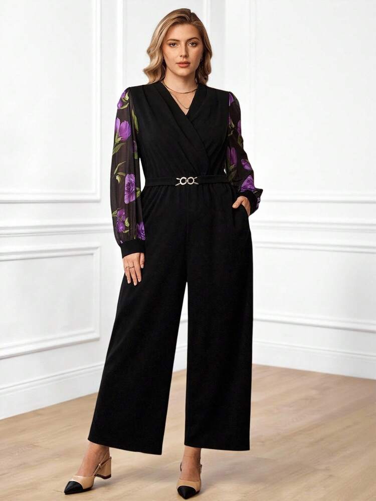 Plus Size Women's Floral Print Patchwork Lantern Sleeve Pockets Wide Leg Loose Elegant Jumpsuit New Year Look Maija Fall Winter 2025 Fall/Winter Party Elegant Dress Women New Year Clothes Elegant Dress Women