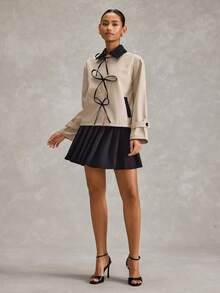 EURMUSE 女士撞色领长袖蝴蝶结装饰休闲外套 - 橄欖綠 - 查看 4