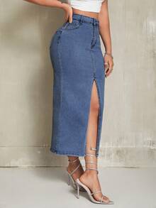 SHEIN SXY Women's Solid Color High Slit Diagonal Pocket Sexy Fitted Denim Mini Skirt - Blue - View 6