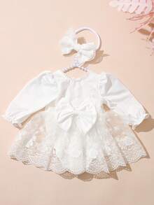 SHEIN Newborn Baby Girl White Lace Romper Dress With Headband,Summer Birthday Party Formal Baptism Christening Outfit,Infant Photography Bowknot Clothes - White - View 2
