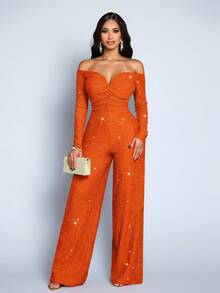 SOLERSUN 女士时尚优雅V领露肩长袖派对夜店闪亮面料连体裤，适合圣诞派对、情人节约会等场合 - 橘色 - 查看 4