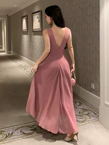 DAZY 女士优雅蕾丝拼接V领无袖中长连衣裙，夏季婚礼宾客礼服，女士吊带裙 - 粉色 - 查看 2