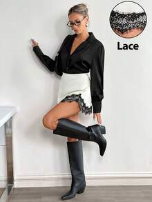 Siren Gaze 女士时尚优雅撞色蕾丝开衩裙摆半身裙 - 杏色 - 查看 1