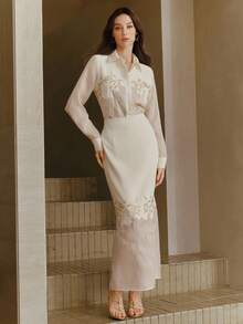 Anewsta Women's Elegant Fashion Mesh Patchwork Embroidered Pearl Blouse Sheer Shirt Elegant Blouses - White - View 5