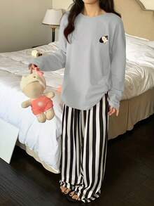 DAZY 两件套狗狗图案宽松长袖T恤和条纹直筒长睡裤套装，女士春季睡衣 - 藍色 - 查看 3