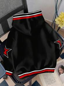Attitoon Sweatshirt Kasual Longgar Berkerudung Gaya Vintage Hitam & Merah dengan Motif Cetak Huruf & Angka Inggris, Bukaan Depan, Cocok untuk Jalan-jalan, Streetwear Y2K - MultiWarna - View 2
