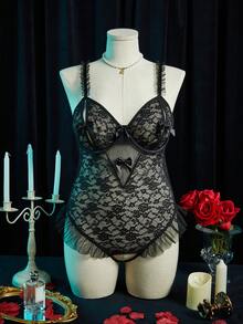 SpicyHot Bộ jumpsuit ren lưới gợi cảm dành cho nữ cỡ lớn với phần đáy quần xếp ly. - màu đen - Xem 6