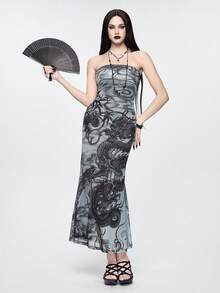 ROMWE Goth 暗黑系中国风山海经龙纹修身网纱连衣裙 - 彩色 - 查看 1