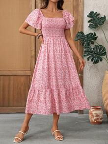 EMERY ROSE Women's Summer Vacation Casual Ditsy Floral Square Neck Midi Dress - Pink - View 1