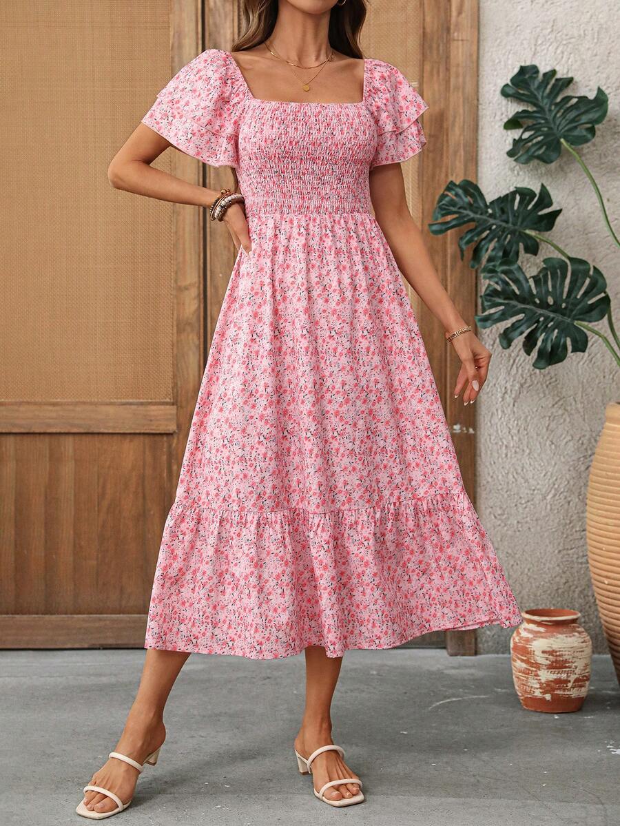 EMERY ROSE Women's Summer Vacation Casual Ditsy Floral Square Neck Midi Dress - Pink - View 1