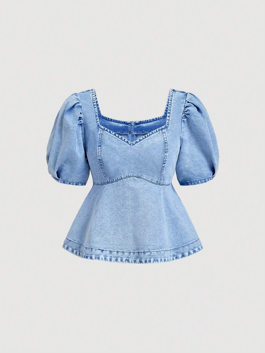 Sweetra 女士休闲牛仔衬衫 - 藍色 - 查看 1