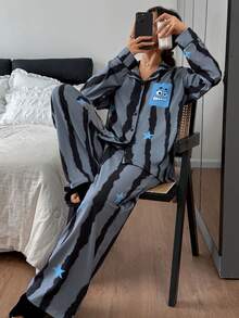 DAZY 2件套条纹星形图案宽松开衫长袖直筒裤睡衣套装，春秋季女装 - 深灰色 - 查看 7