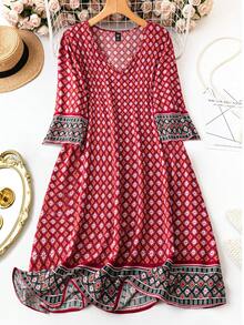 Vestido largo de talla grande para vacaciones y tiempo libre, con estampado y combinación de telas, para vestuario de Año Nuevo - Rojo - Ver 1