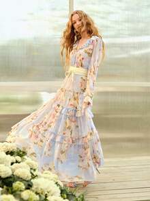 MOTF PREMIUM WOMEN'S ROMANTIC ELEGANT RUFFLE HEM FLORAL PRINT LONG SLEEVE DRESS, SPRING/SUMMER - Multicolor - View 6