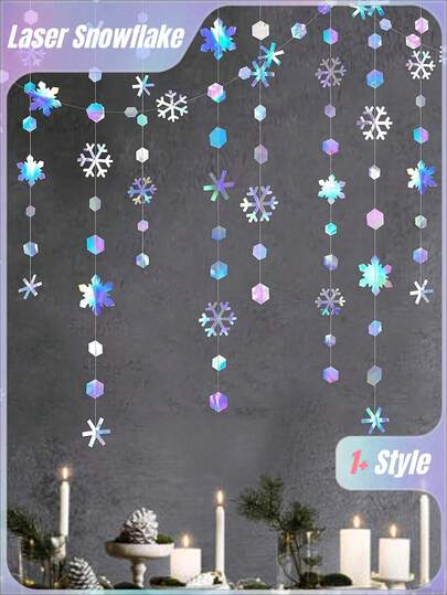 1pc-Winter Wonderland Snowflakes Decorations, Iridescent Snowflake Garland- Shimmer Holographic Paper Snowflakes Streamers For Iridescent Party Decor Christmas Frozen Themed Decor Birthday Wedding Bridal Shower Party Supplies,Christmas