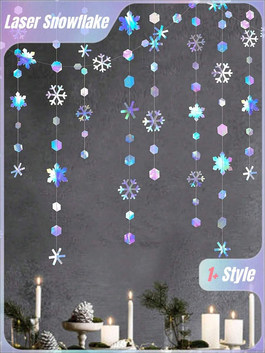 1pc-Winter Wonderland Snowflakes Decorations, Iridescent Snowflake Garland- Shimmer Holographic Paper Snowflakes Streamers For Iridescent Party Decor Christmas Frozen Themed Decor Birthday Wedding Bridal Shower Party Supplies,Christmas
