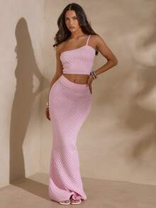 SHEIN Glamour Set de 2 piezas de suéter elegante de punto rosa para mujer, conjunto de suéter estilo playa - Rosa - Ver 7
