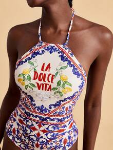 Travachic 女士字母花卉印花挂脖连体泳衣，适合海滩度假、泳池派对、沙滩派对 - 彩色 - 查看 6