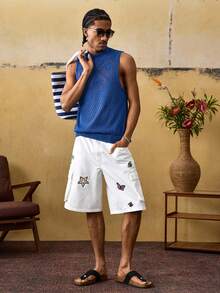 ROMWE MEN Street Life Men's Sleeveless Casual Hollow-Out Blue Knit Tank Top - Purple - View 8