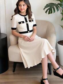 SHEIN 青少年女孩編織撞色圓領休閒洋裝 - 黑與白 - 查看 2