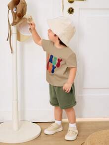 Cozy Pixies 2pcs Baby Boy Letter Pattern Knit Soft Round Neck Short Sleeve Top And Elastic Waist Shorts Set - Multicolor - View 6