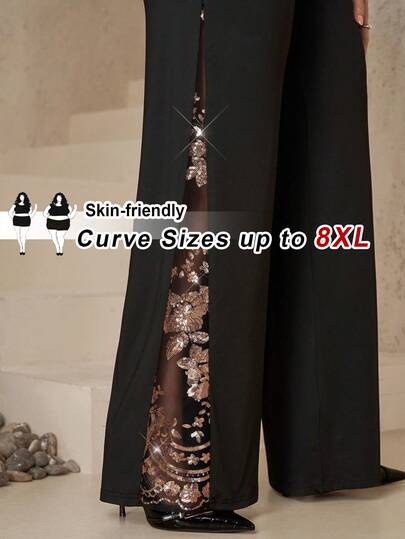 SHEIN CURVE+ Plus Size Women's Romantic Elegant Fashion Black High Waist Sequin Embroidery Mesh Patchwork Wide Leg Pants, Stretchy Knit Trousers