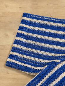 Swim Lushoire Women's Summer Beach Collared Front Open Striped Mesh Print Kimono Suit Shorts 2 Piece Set - Blue and White - View 7