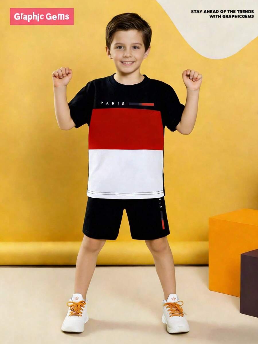 SHEIN GraphicGems Bộ 2 áo thun tay ngắn cổ tròn in họa tiết sọc chữ Paris cho bé trai, trang phục thường ngày xuân/hè, phù hợp cho bé từ 4-6 tuổi mặc trong nhà và ngoài trời hàng ngày - Nhiều màu - Xem 1