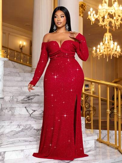 SOLERSUN 大码女士时尚优雅V领露肩鱼尾鸡尾酒会夜店紧身性感连衣裙，适合度假、约会、秋冬季节穿着，露肩长袖直筒V领，胸前褶皱，腰部设计，臀部曲线，长款连衣裙，红色连衣裙，奢华晚礼服，闪亮连衣裙，派对礼服，2026，新年，情人节