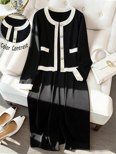 GlowEve CURVE 女士加大码撞色针织无袖长款连衣裙，侧开衩设计，搭配圆领开襟宽松长袖开衫，休闲、派对、舒适、百搭、优雅，适合日常、居家、工作等场合 - 两件套