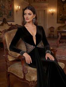 Coutiva 优雅秋冬长袖缎面深V领腰侧镂空水钻设计修身鱼尾裙正式晚礼服，适合婚礼宾客、学生礼服、万圣节礼服、毕业礼服等场合。 - 黑色 - 查看 4