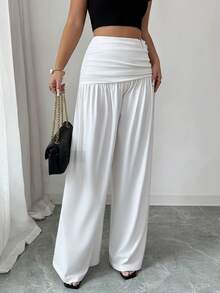 SHEIN Elenzya 白色高腰褶裥阔腿裤，垂坠宽松长裤，优雅正装/休闲装，显瘦 - 白色 - 查看 7