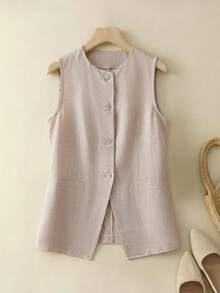 EMERY ROSE Women's Casual Sleeveless Thin Blazer, Summer - Khaki - View 10