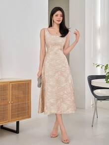 DAZY Women's Elegant Floral Textured Sleeveless Square Neck Midi Dress, Summer,Wedding Guest Dress Women Sundress - Apricot - View 5
