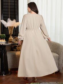 Modelyn Khaki Jacquard Patchwork Chiffon Elegant Fashion Aristocratic Romantic Beautiful Generous Goddess Long Sleeve Flared High-End Design Plus Size Women Dress - Khaki - View 2