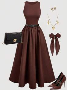 SHEIN Girlism Teen Girls' Black Waist-Cinched A-Line Sleeveless Minimalist Snug Fit Party Cocktail Dress - Brown - View 3