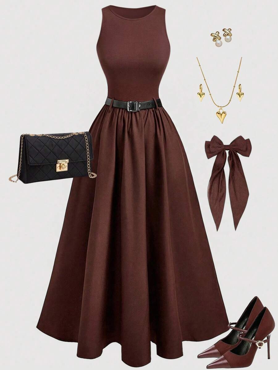 SHEIN Girlism Teen Girls' Black Waist-Cinched A-Line Sleeveless Minimalist Snug Fit Party Cocktail Dress - Brown - View 1