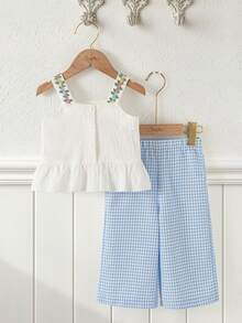 Souflis Souflis 两件套女婴法式夏季套装，包括吊带荷叶边背心和格子印花裤，时尚甜美，适合休闲、上学及其他场合。 - 彩色 - 查看 2