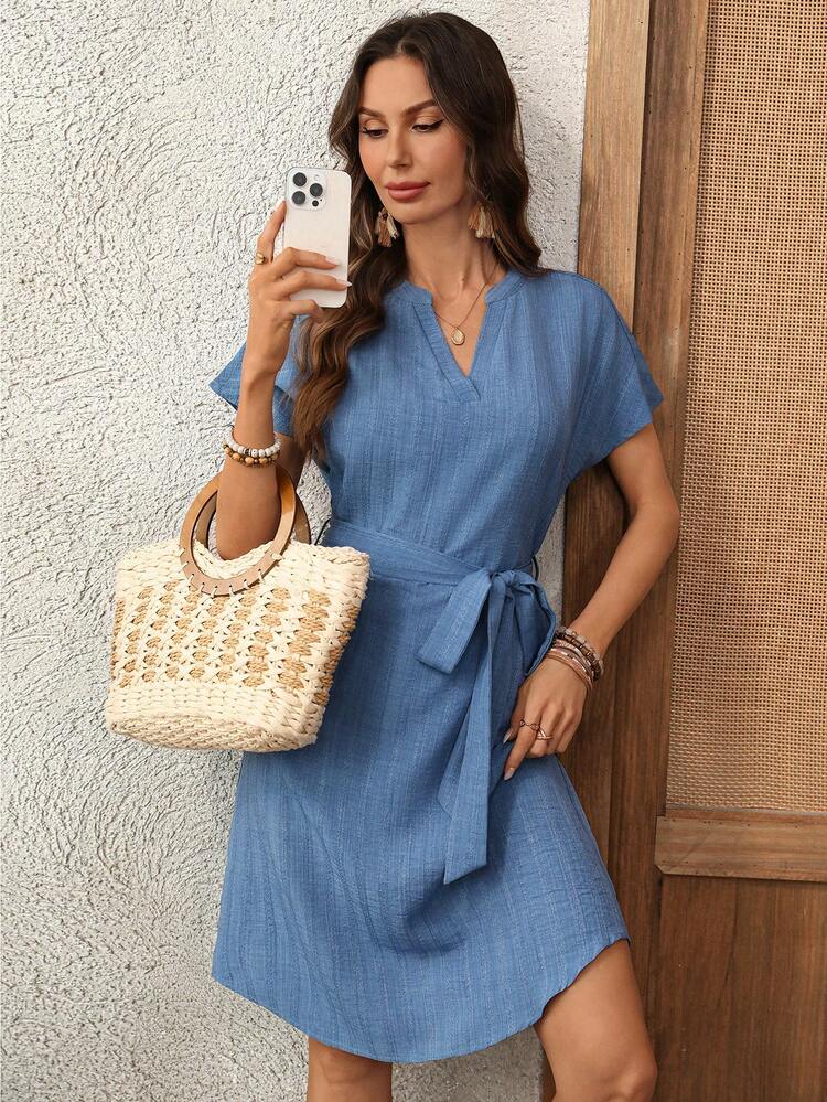 Plus Size Women Denim Effect Waist Tie Dress,Summer Outfits For , Outfits,Vacation Holiday Dresses ,Casual ,Blue V-Neck