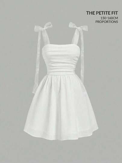 SHEIN MOD Petite Fit For The 150-160cm,Petite Perfect,Designed For Petites,Women's Casual Solid Color Spaghetti Strap Mini Dress, Summer,Vacation Outfits, Retro, Vintage,Country Outfits,  Going Out,Teacher Outfits For Women,Date, Picnic, Party, Prom, Festival,Birthday Wear, Cottagecore Dress,Tea Party Dress,,French Style Dress, White Bow Dress Square Neck Dress White Summer Dress