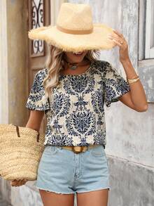 Brillora Blusa de cuello redondo con mangas con volantes, estampado floral de satén y mariposas para mujer, ideal para el verano y la playa - Albaricoque - Ver 5