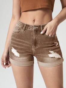 Jeanoix Women's Casual Fashion Ripped Cuffed Hem Denim Shorts, Suitable For Daily Commute In Summer - Brown - View 5