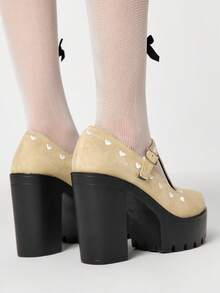 ROMWE Kawaii Women's High Heels And Shoes Black High Heels, Dark Rock Punk Gothic Shoes, Closed Toe T-Shaped With Rivets, Y2K Dress Shoes, Mary Jane Leather Shoes, Japanese JK Uniform Shoes Y2K 2000s Style - Khaki love - View 5